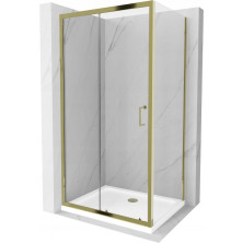 Mexen Apia výsuvná sprchová kabína 100 x 70 cm, priehľadná, zlatá + plochá sprchová vanička, biela - 840-100-070-50-00-4010G