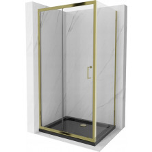 Mexen Apia výsuvná sprchová kabína 100 x 70 cm, priehľadná, zlatá + plochá sprchová vanička, čierna - 840-100-070-50-00-4070G